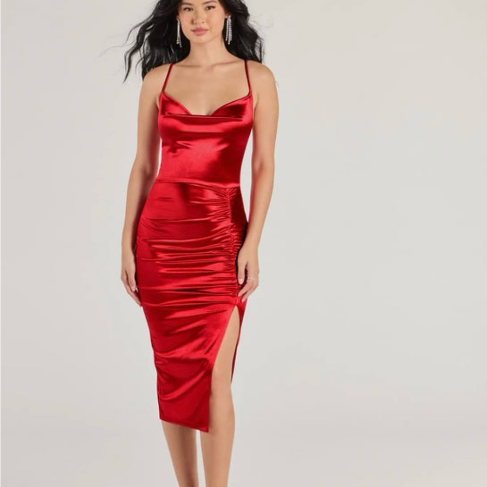 Windsor Red Ruched Midi Dress with Cowl Neck